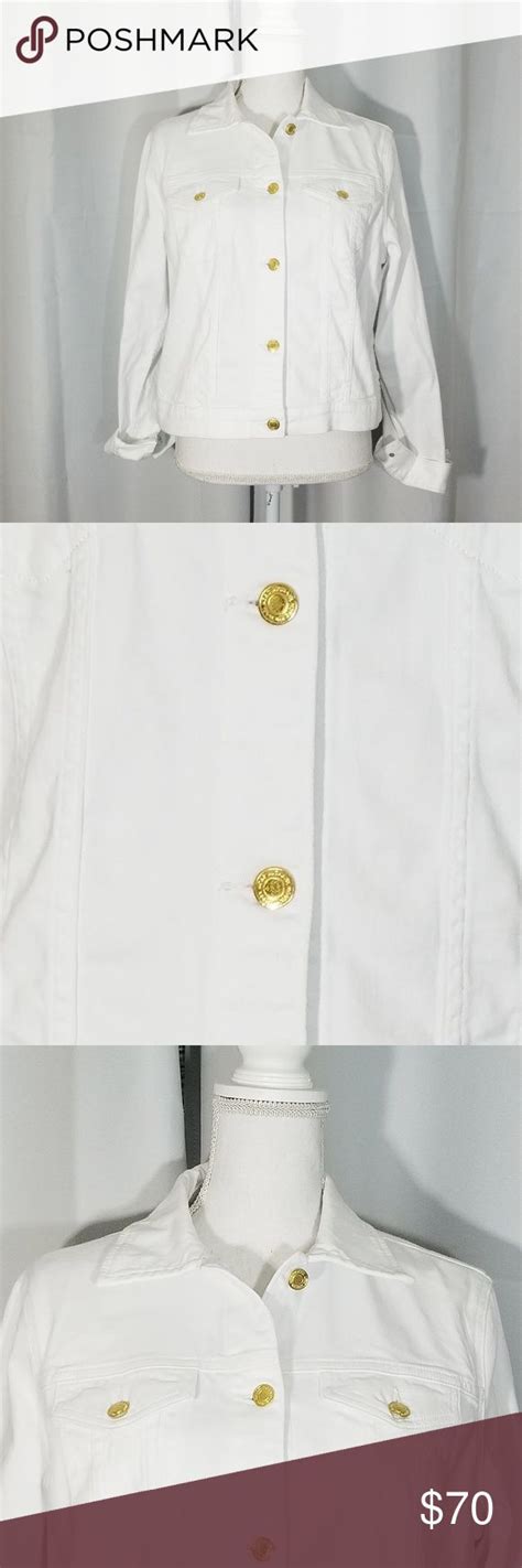 michael kors white denim jacket with gold buttons|michael kors white jean jacket.